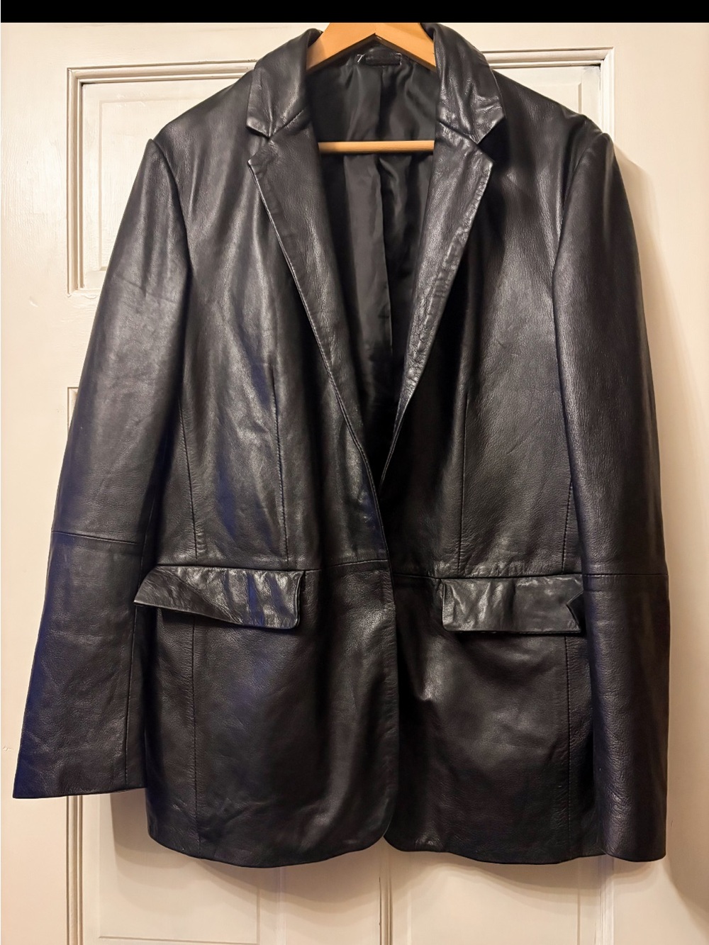 ZARA 100% Lambskin Leather Black Blazer Jacket Women’s M Oversized Longline